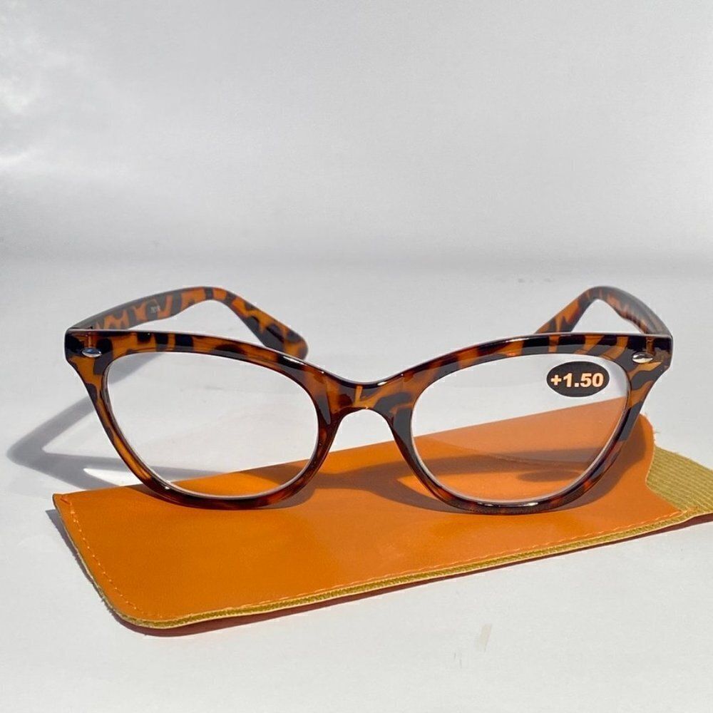 0772 Reading Glasses 1.50 Readers Tortoise Modified Cateye Frames NWT